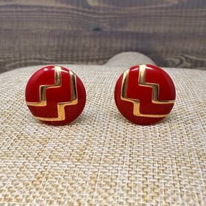 Monet Signed Red Enamel Gold Tone Clip On Earrings